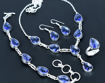 Handmade Faceted Amethyst Jewelry Set: Sterling Silver Pear Necklace, Bracelet, Earrings, Ring