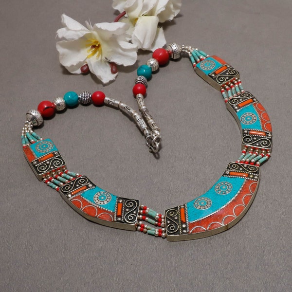 Weihnachtsgeschenk für sie tibetischen Türkis Schmuck Halskette rote Koralle handgemachte Boho nepalesische Mode Tribal Nepali Perlen Schmuck Halskette