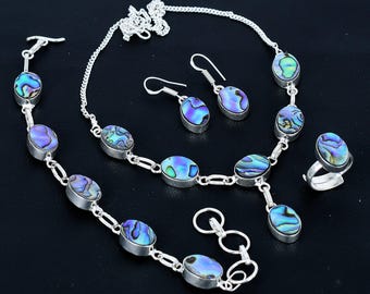 Abalone Shell Sterling Silver Jewelry Set: Handmade Oval Necklace, Bracelet, Earrings, Ring