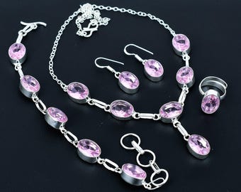 Pink Kunzite Jewelry Set: Sterling Silver Necklace, Bracelet, Earrings, Ring