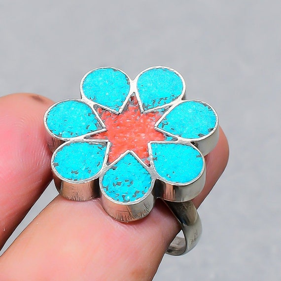 Red Coral With Turquoise Ring Tibetan Silver Ring 
