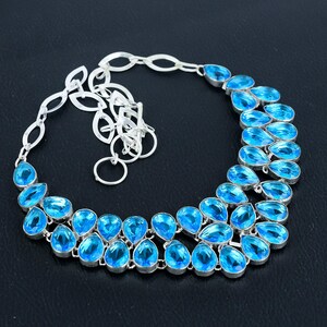 Faceted London Blue Topaz Necklace: Handmade 925 Sterling Silver, Adjustable Chain