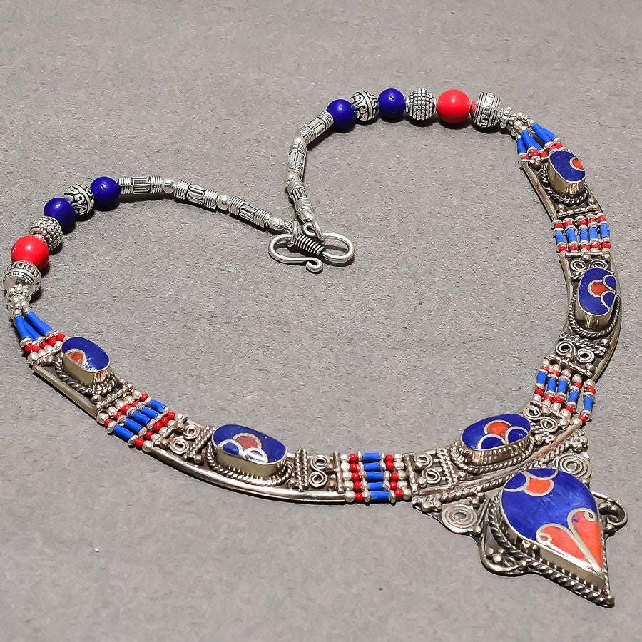 Lapis Lazuli, Red Coral Necklace: Handmade Tibetan Silver Bohemian