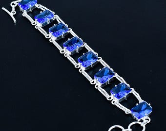 Pulsera de cuarzo tanzanita facetada: Joyería ajustable con eslabones y gema en forma de cojín, hecha a mano en plata de ley 925.