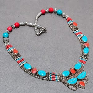 Turquoise & Red Coral Necklace: Nepali Tibetan Silver Tribal Jewelry