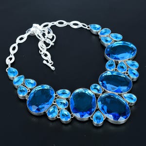 Faceted London Blue Topaz Necklace: 925 Sterling Silver, Adjustable Chain