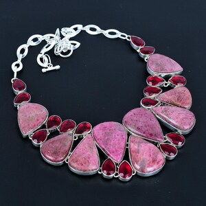 Handmade Rhodonite & Garnet Necklace: 925 Sterling Silver, Adjustable
