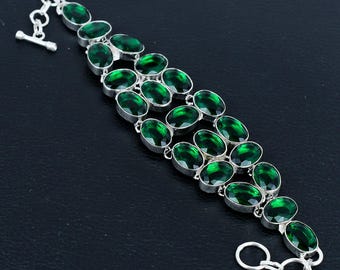 Bracelet Tennis En Diopside Chromé Naturel Et Argent Sterling 925 - Fait Main En Inde - Taille Pierre 4x3 Mm