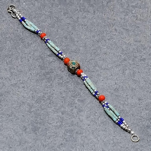 Turquoise, Red Coral, Lapis lazuli Bracelet Tibetan Silver Bracelet Handmade Jewelry Bohemian Statement Beaded Nepali Bracelet Gift For Love