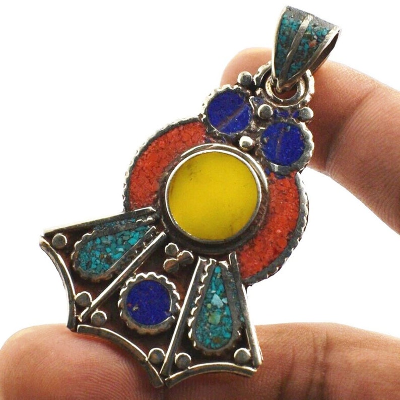 Collier Ancien Népalais En Lapis-lazuli, Turquoises Et Rubis - Plaqué Argent - Occasion Bon état