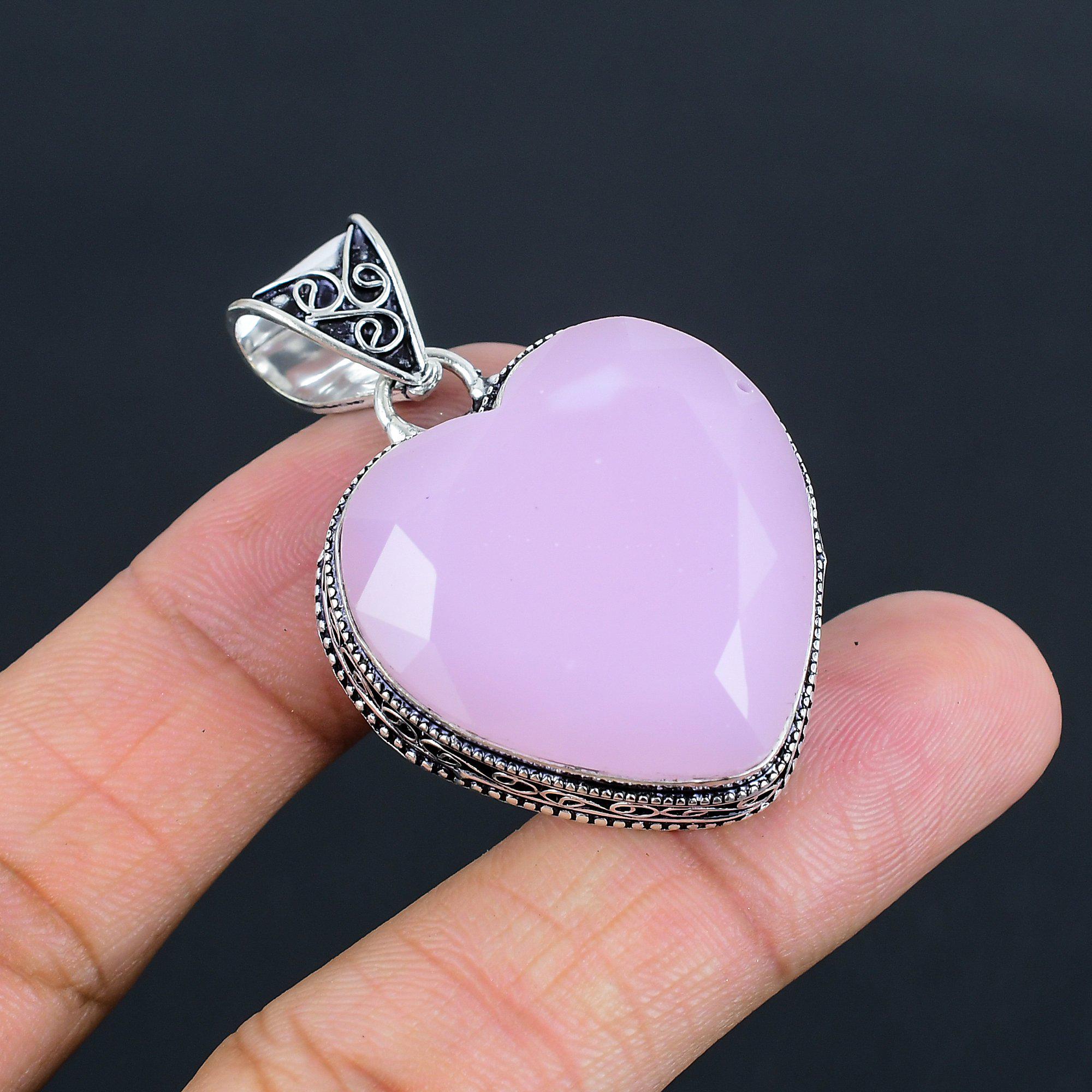 Pendentif Coeur En Quartz Rose Facetté - Fait Main - Plaqué Argent - Longueur 2,3 Pouces (environ 5,8 Cm)