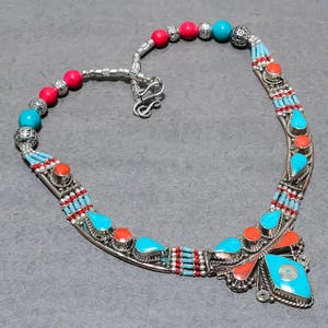 Turquoise & Red Coral Tibetan Necklace: Nepali Tribal Jewelry