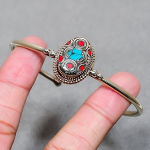 Handmade Tibetan Silver Bangle: Turquoise & Red Coral Gemstone Bracelet