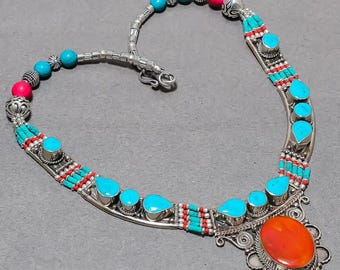 Collier Perles Argent 925 Bohème Avec Corail, Ambre, Turquoise - Longueur 18 Pouces