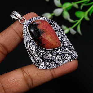 Handmade Rhodonite 925 Sterling Silver Pendant: Healing Stone Jewelry