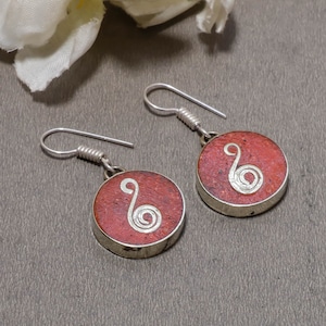 Red Coral Round Shaped Handmade Earrings Bohemian Gemstone Ethnic Jewelry Nepali Jewelry Earrings Dangle & Drop Earrings Christmas Gift