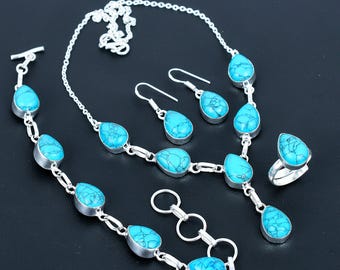 Santa Rosa Turquoise Jewelry Set: Sterling Silver Pear Necklace, Bracelet, Ring & Earrings