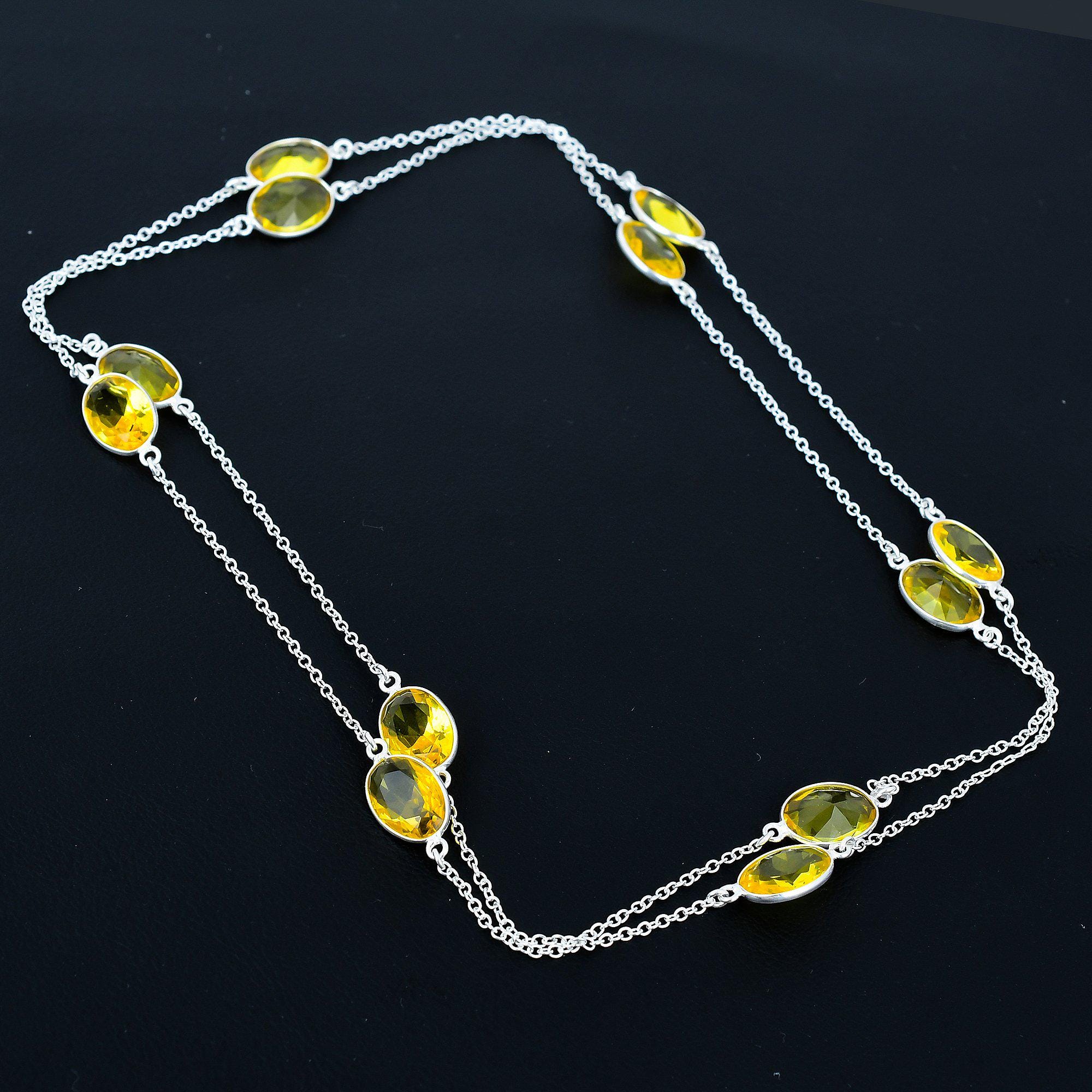 ファセット加工のシトリンネックレス：ハンドメイド925スターリング 