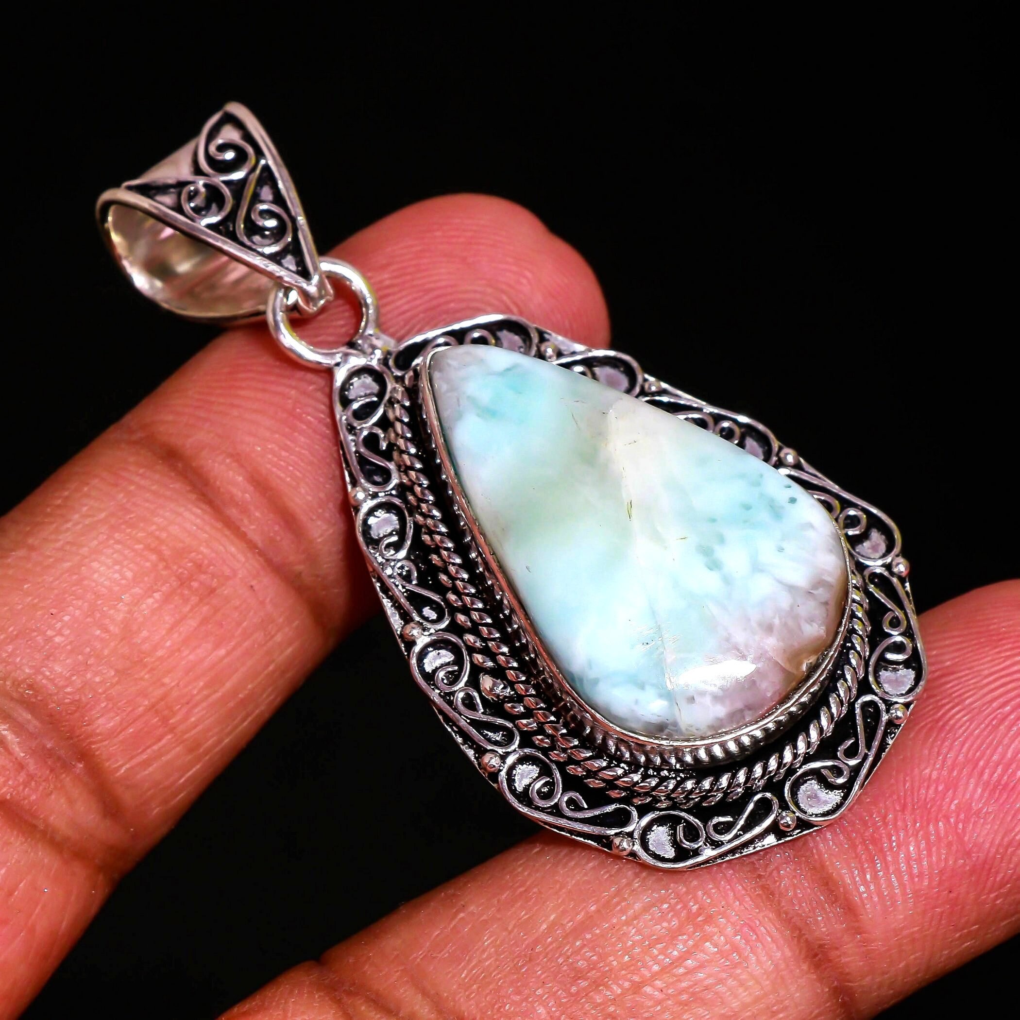 Handmade Larimar Pendant 925 Sterling Silver - Natural Caribbean Gemstone, Teardrop
