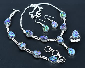 Abalone Shell Jewelry Set: Sterling Silver Necklace, Bracelet, Earrings, Ring