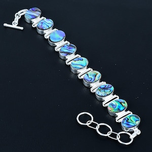 Abalone Shell Bracelet 925 Sterling Silver Bracelet Real Gemstone Jewelry Adjustable Chain Bracelet Gift For Mother Handmade Antique Jewelry