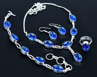 Parure de bijoux en quartz tanzanite à facettes : argent sterling 925, pierre précieuse ovale