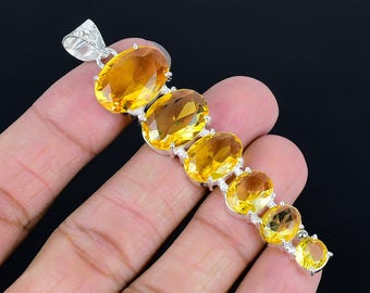 Faceted Citrine Solitaire Pendant: Handmade 925 Sterling Silver, 3.2 Inch