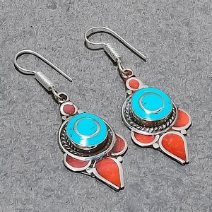 Turquoise Earrings Red Coral Earrings Tibetan Silver Jewelry Handcrafted Drop & Dangle Earrings Nepali Tribal Charm Earrings Gift For Friend