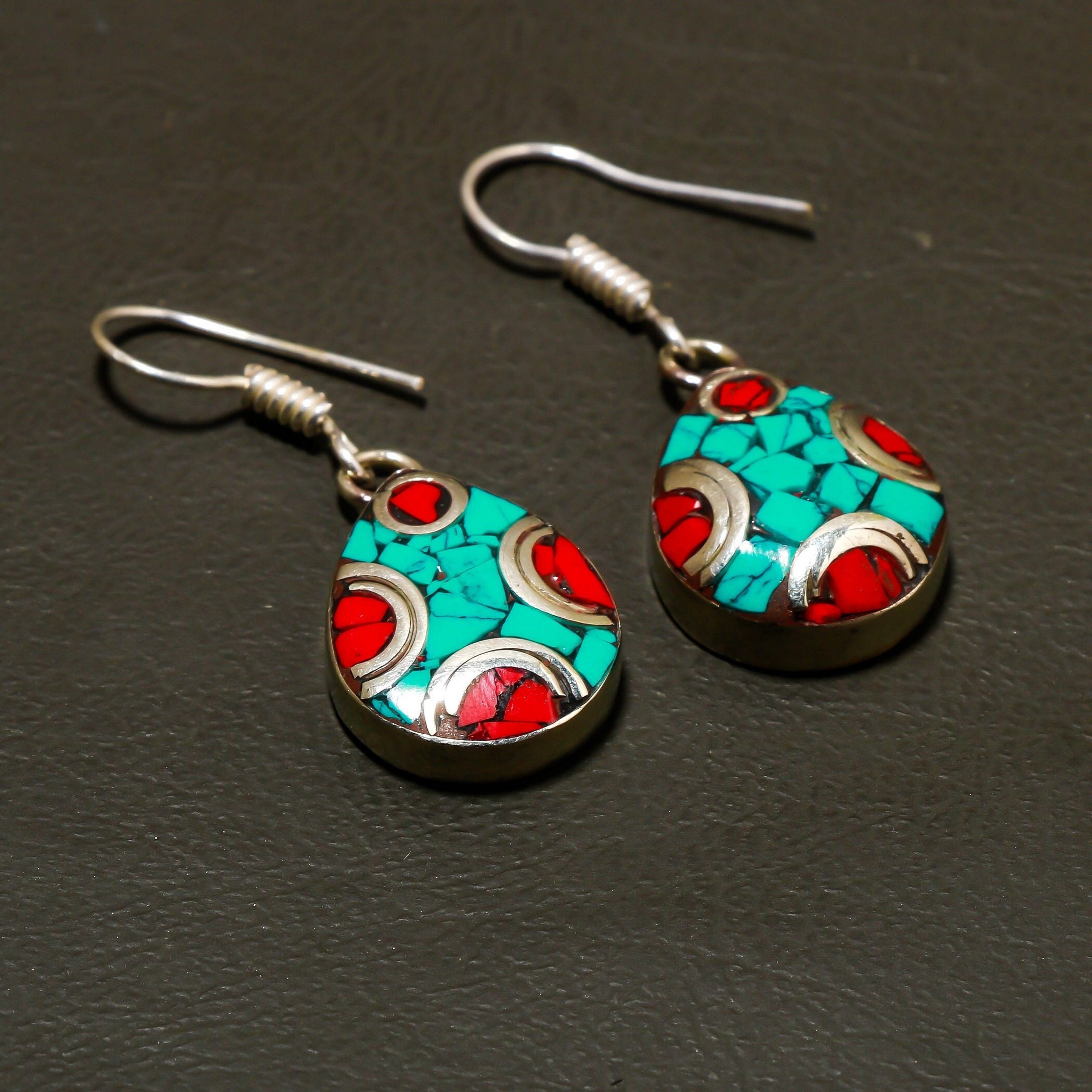 Boucles D'oreilles Turquoise Argenté Tibétain – Fait Main En Inde, Pierres Naturelles, Style Hoop Gravé, Neuf Sans Emballage !