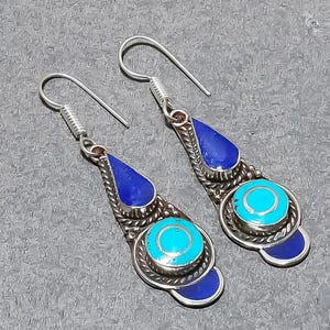 Handmade Turquoise Lapis Lazuli Tibetan Silver Nepali Drop Earrings