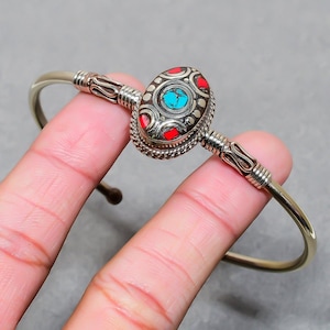 Handmade Tibetan Silver Bangle: Turquoise & Red Coral Gemstone Bracelet