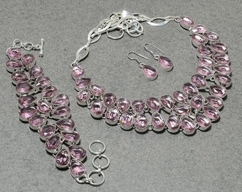 Pear Kunzite Jewelry Set: Sterling Silver Necklace, Bracelet, Earrings