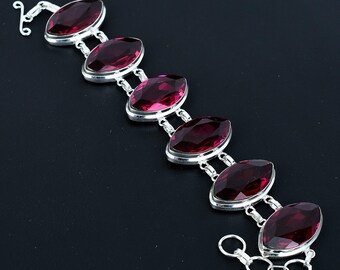 Faceted Pink Tourmaline Bracelet: Handmade 925 Sterling Silver Marquise Shape Gemstone Adjustable Chain Jewelry