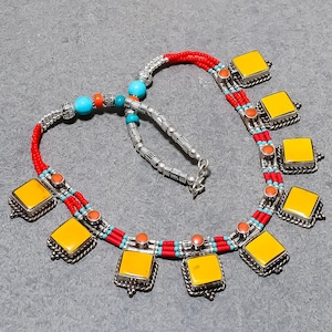 Yellow Coral Necklace Turquoise Necklace Tibetan Silver Jewelry Beaded Jewelry Tibetan Nepalese Handmade Jewelry Nepal Necklace Gift For Mom