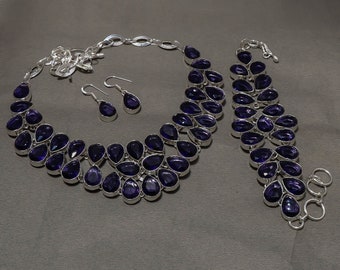 Faceted Amethyst Jewelry Set: Sterling Silver Necklace, Bracelet & Earrings