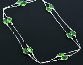 Faceted Green Amethyst Necklace: 925 Sterling Silver Pear Gemstone Chain