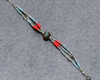 Türkis & Koralle Perlen Armband: Tibetanischer Silber Boho Schmuck