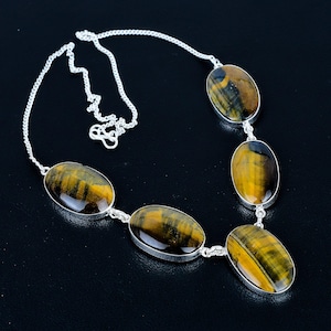 Handmade Tiger's Eye Necklace: 925 Sterling Silver, Adjustable Chain Oval Shape Gemstone Jewelry