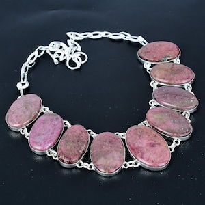 Rhodonite Necklace: Handmade 925 Sterling Silver Oval Gemstone
