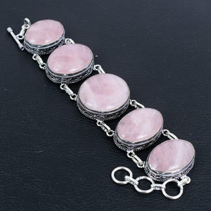 Vintage Rose Quartz 925 Sterling Silver Bracelet: Adjustable Gemstone Jewelry