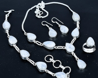 Conjunto de joyas de piedra lunar arcoíris: collar, pulsera, anillo y pendientes de pera en plata de ley