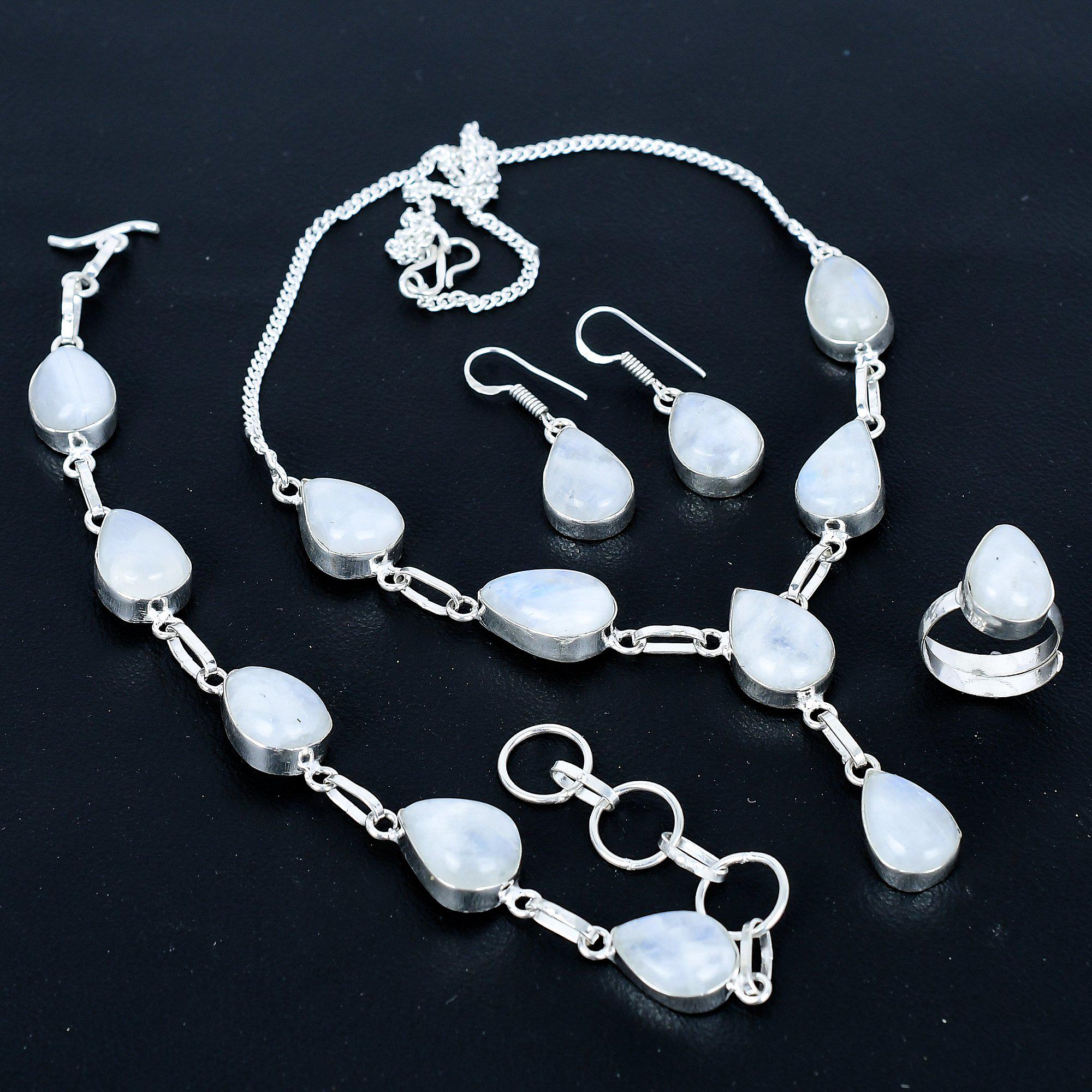 Rainbow Moonstone Jewelry Set: Sterling Silver Pear Necklace