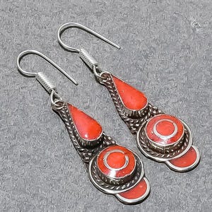 Red Coral Coral Earrings Tibetan Silver Jewelry Handmade Tibetan Earrings Bohemian Nepalese Earrings Drop & Dangle Earrings Gifts For Mother
