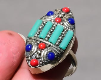 Bague En Argent Avec Corail Rouge Méditerranéen Et Lapis-lazuli - Neuf Sans Emballage
