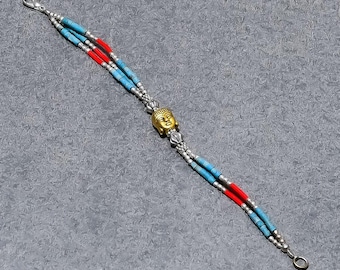Türkis & Rote Koralle Perlen Armband: Tibetisches Silber, Handgemachter Boho Schmuck