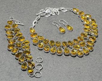Conjunto de joyas de citrino facetado: collar, pulsera y pendientes de plata de ley con forma de pera