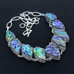 Abalone Shell Necklace 925 Sterling Silver Necklace Genuine Gemstone Handmade Jewelry Adjustable Chain Necklace Vintage Jewelry Gift For Mom