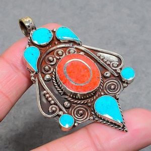 Handmade Tibetan Silver Pendant: Coral & Turquoise Gemstone