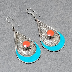 Red Coral Earrings Turquoise Earrings Tibetan Silver Jewelry Nepali Tribal Charm Nepali Earring Handmade Drop & Dangle Earrings Gift For Mom