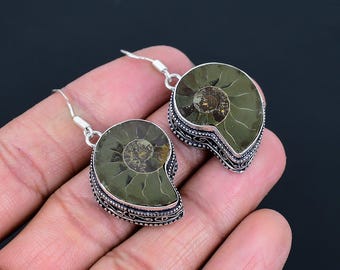 Ammonite Fossil Earrings: Sterling Silver Dangle Jewelry